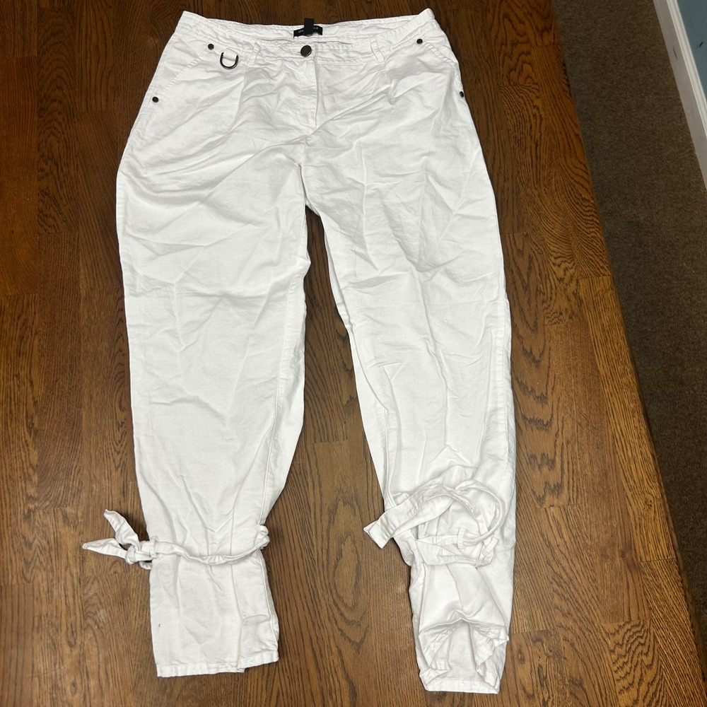 White Linen Blend Tie Ankle Tapered Pants Size 8 Summer Nautical Resortwear - Picture 2 of 9